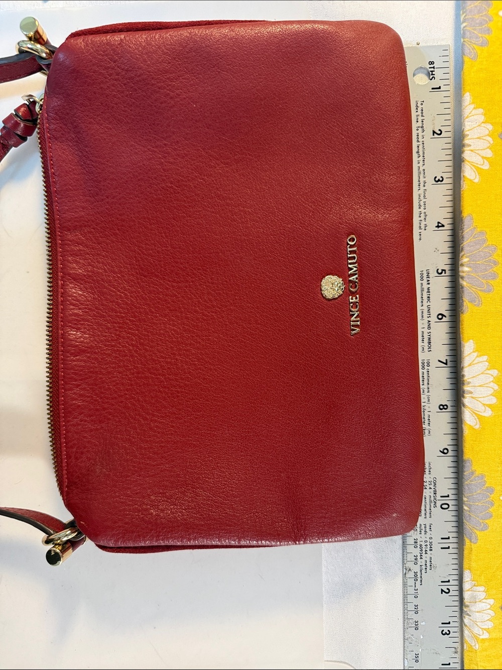 Vince Camuto Burgundy Leather Crossbody with Gold Logo 7” x 10” strap 22” appx - Picture 11 of 13